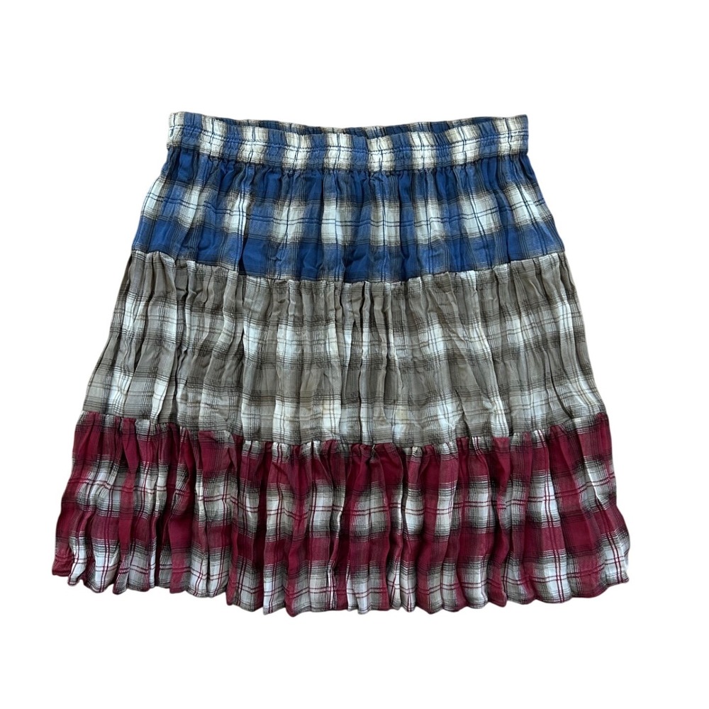 Vintage Express Plaid Tiered Mini Skirt Colorblock Blue Red‎ Tan L preppy